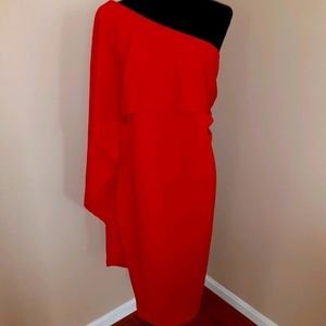 Red Hot one shoulder midi cape dress